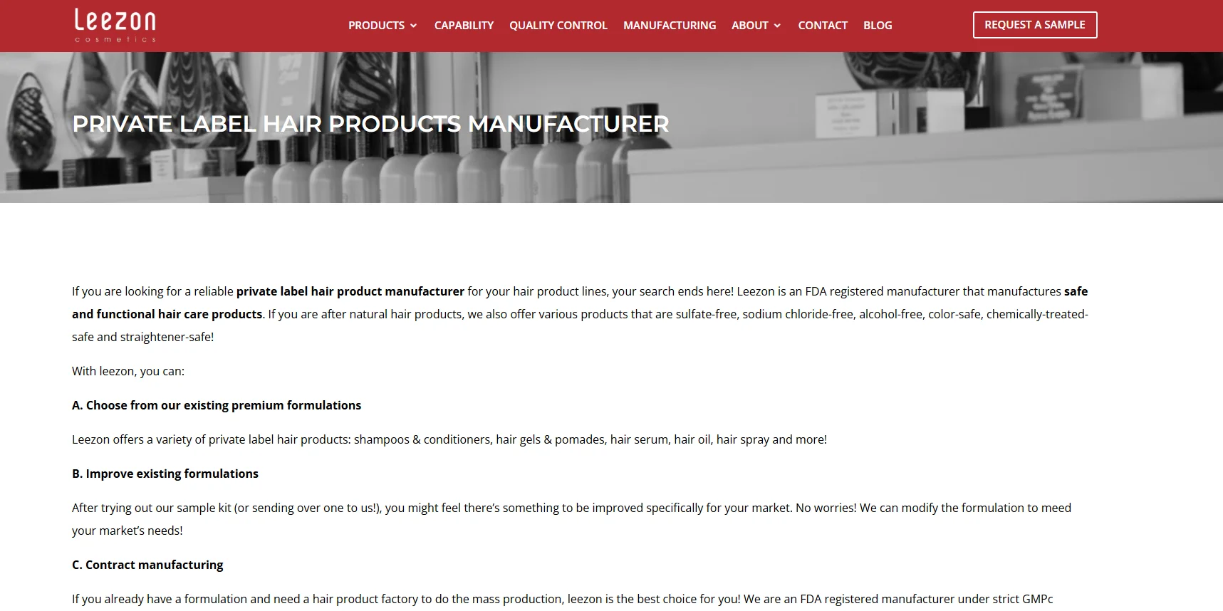 Leezon page detailing private label hair products manufacturer services with product options and customization details.